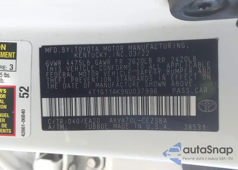 2022 Toyota Camry Se z USA, uszkodzony, nr VIN 4T1G11AK9NU037996